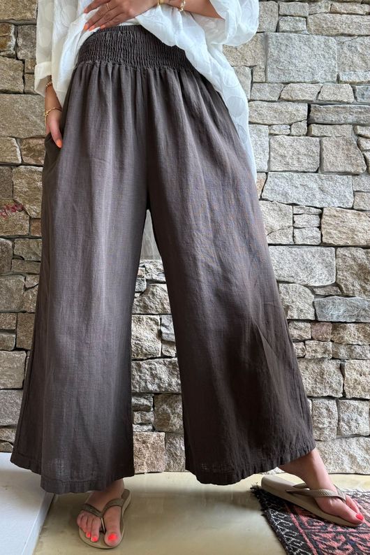 Frame Cotton Shirring Waist Wide Leg Pant Chocolate